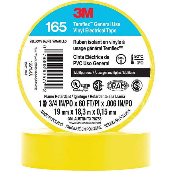 3M 7100169490 Electrical Tape 3/4" Wide, 60' Long, 6 mil Thick, Yellow