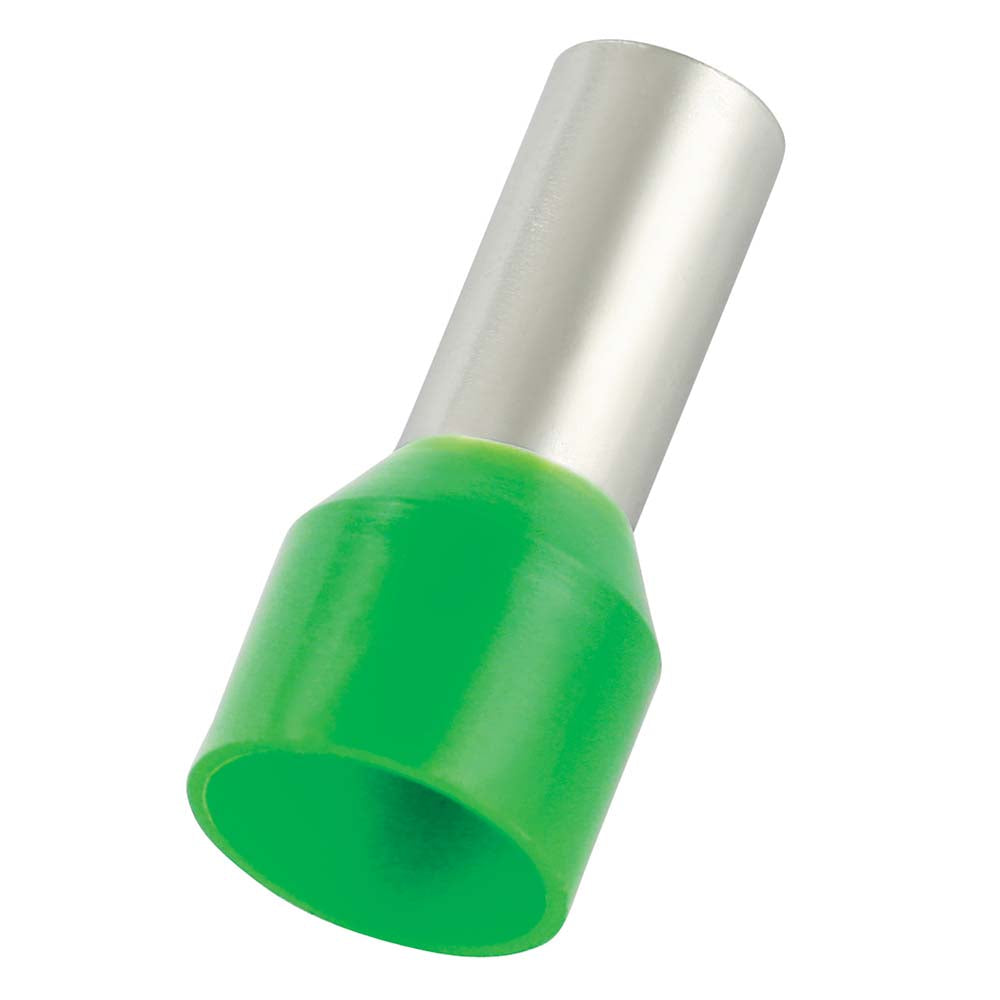 Value Collection E16-12-GREEN Electrical Wire Ferrules Insulation Type Partially Insulated Connection Type Crimp Compatible Wire Size (sq mm) 16 mm² 6 AWG Compatible Wire Size (AWG) 6 Pin Length 0.472 in 12.0 mm Pin Length (mm) 12 Pin Diameter 5.8 mm Overall Length 2