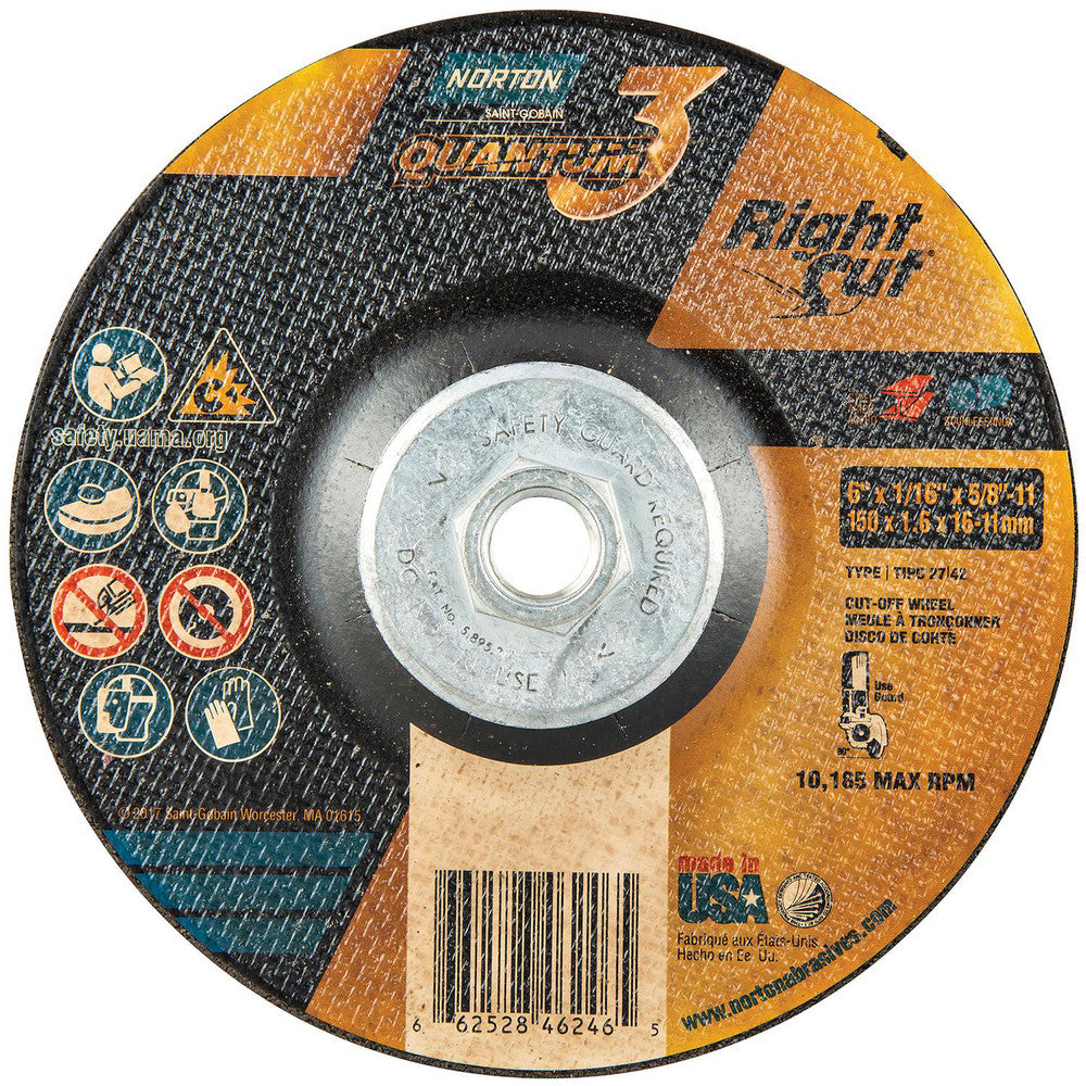 Norton 66252846246 Cutoff Wheel 6" Dia, 1/16" Thick, 1/16 in" Hole, Ceramic Alumina
