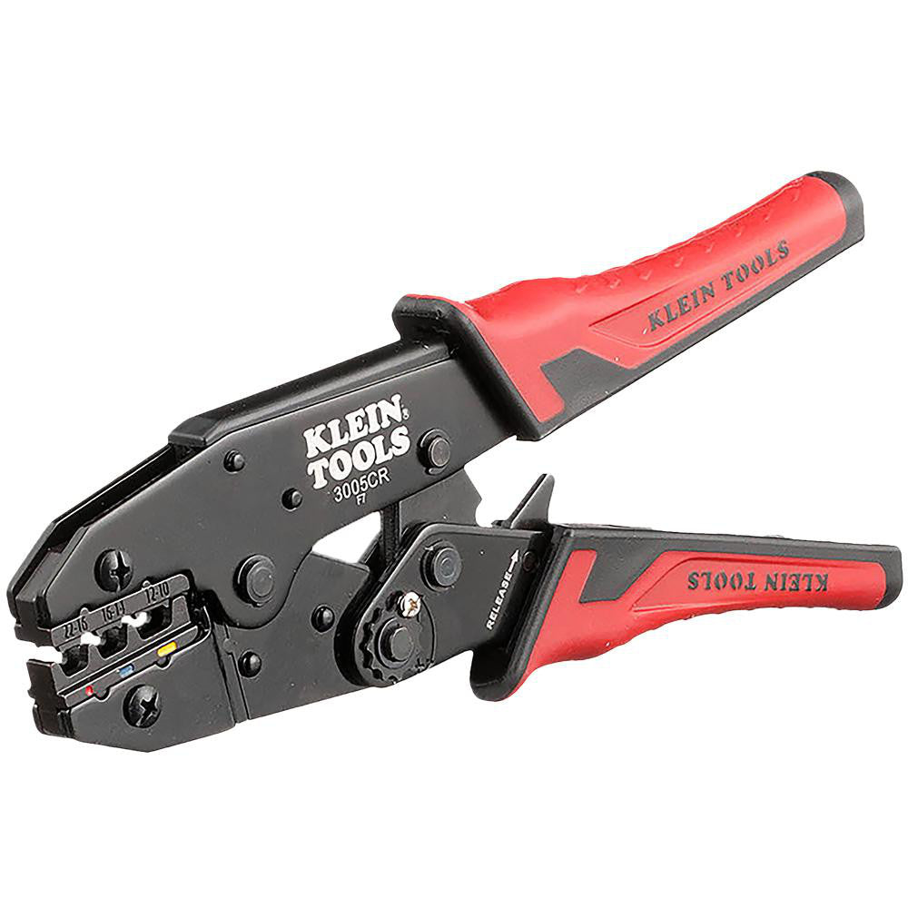 Klein Tools 3005CR Crimpers Crimper Type Terminal Capacity 10 - 22 AWG Handle Material ABS Terminal Type Standard Features 3 Crimping Cavities Ratcheting Yes