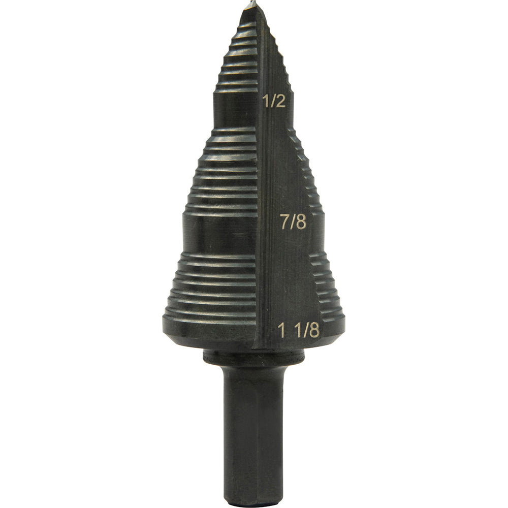 Greenlee GSB09 Step Drill Bits 3/16" to 1-1/8" Hole Dia, 3/8" Shank Dia, Steel, 4 Hole Sizes