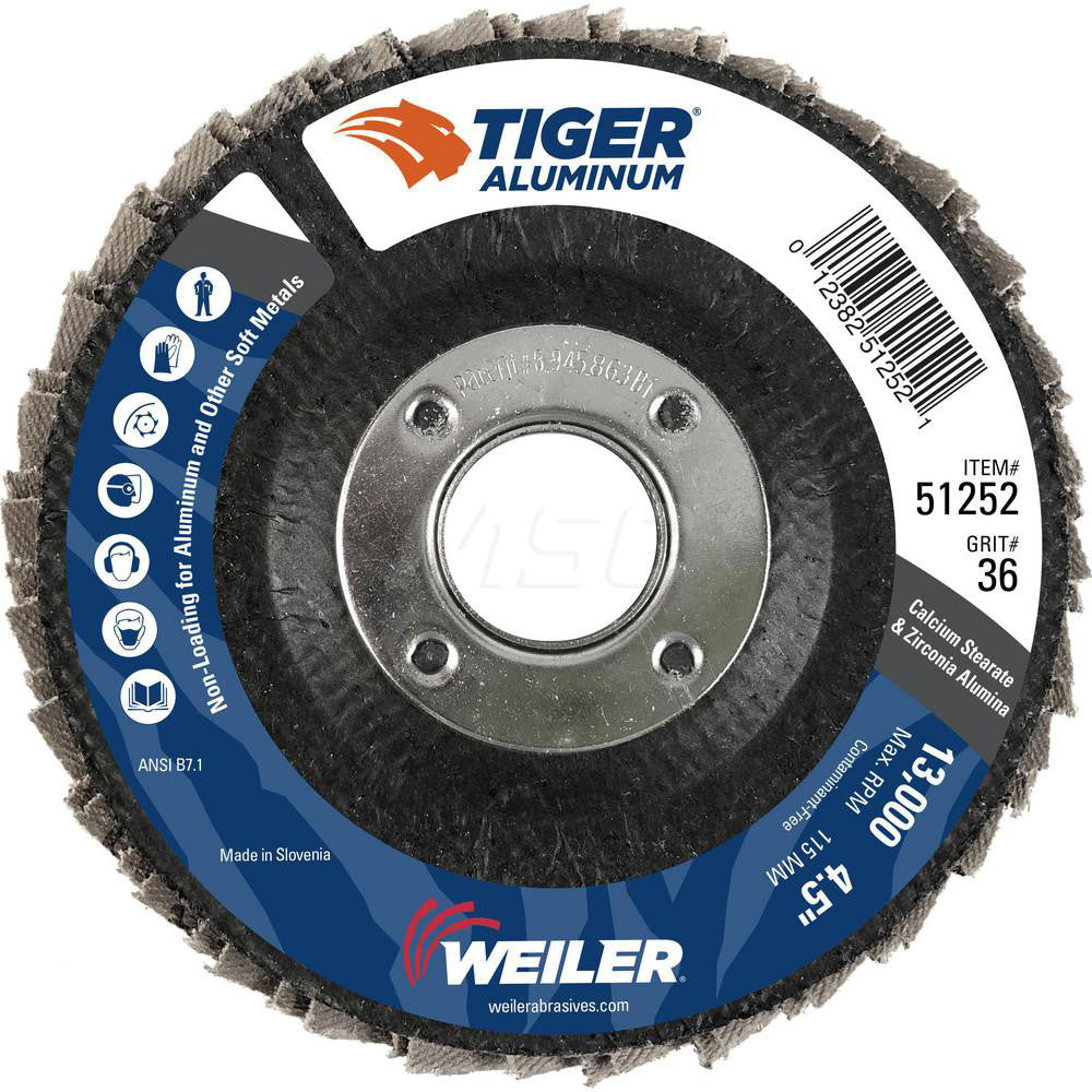 Weiler 51252 Flap Disc 4-1/2" Dia, 7/8" Hole, 36 Grit, Zirconia Alumina, Type 27