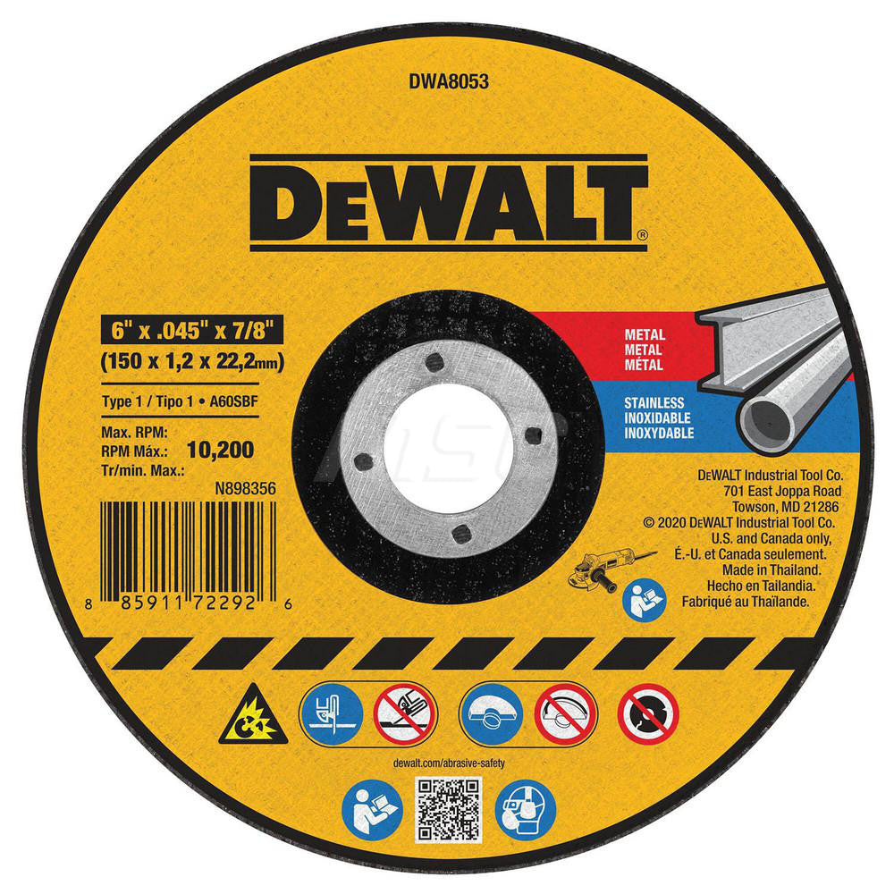 DeWALT DWA8053 Cut-Off Wheel Type 1 (01/41), 6" Dia, Aluminum Oxide