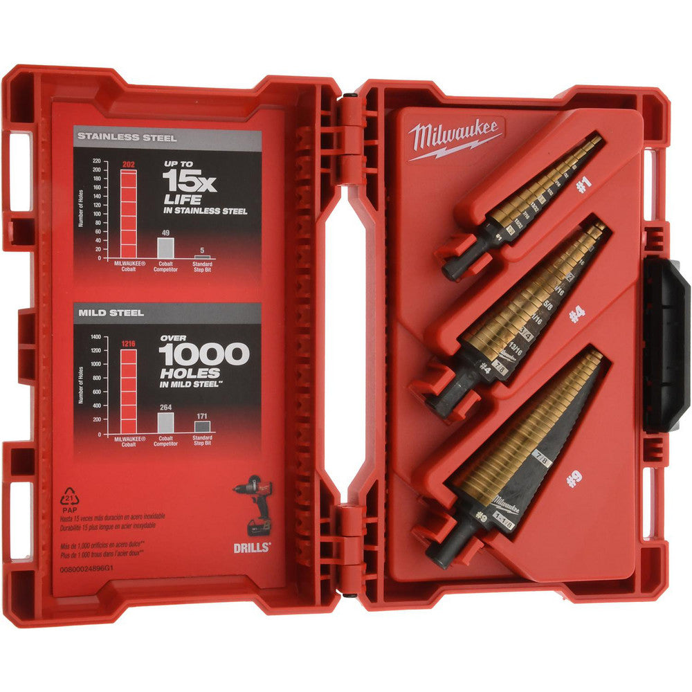 Milwaukee Tool 48-89-9291 Drill Bit Set Step Drill Bits, 3 Pc, 0.125" to 0.875" Drill Bit Size, 135 deg, High-Speed Steel