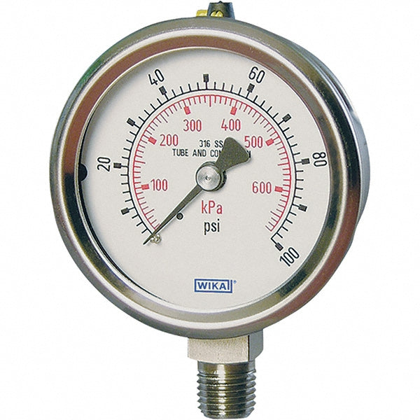 Wika 52821126 Pressure Gauge 4" Dial, 0 to 10 BAR, 1/4" Thread, BSPP, Bottom Mount