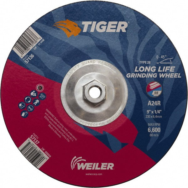 Weiler 57136 Depressed-Center Wheel Type 28, 9" Dia, 1/4" Thick, 5/8-11 Hole, Aluminum Oxide
