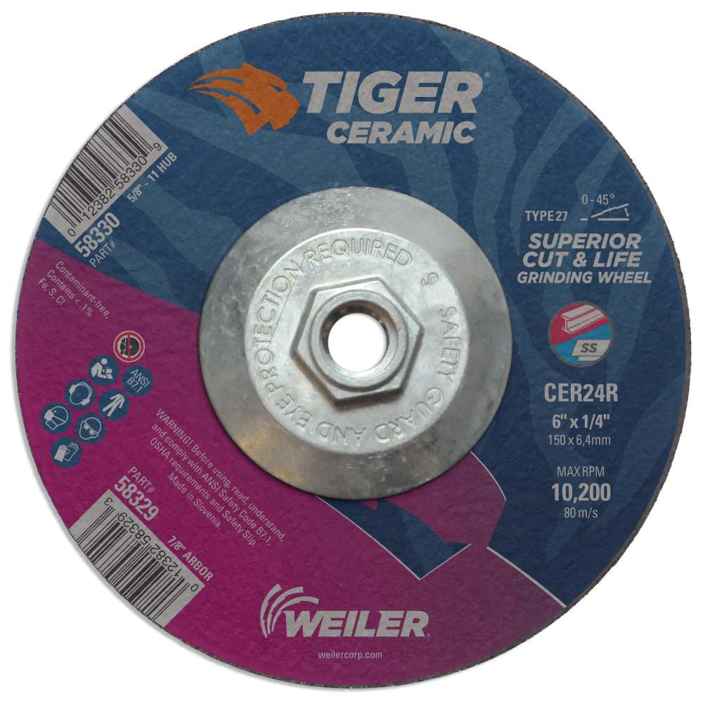 Weiler 58330 Depressed-Center Wheel Type 27, 6" Dia, 1/4" Thick, 5/8-11 Hole, Ceramic