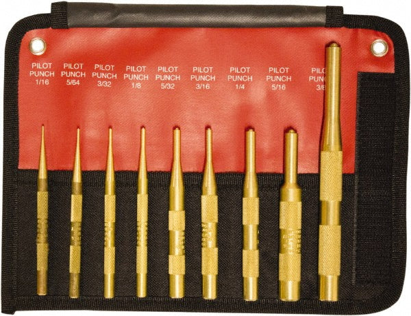 Mayhew 61367 Brass Pilot Punch Kit Punch Set 9 Pc, 0.0625 to 0.375"