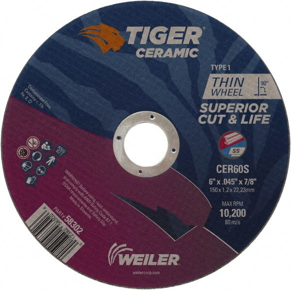 Weiler 58302 Cutoff Wheel Type 1 (01/41), 6" Dia, 0.0450" Thick, 7/8" Hole, Ceramic Alumina
