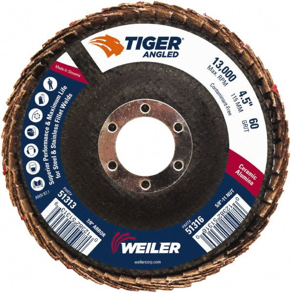 Weiler 51313 Flap Disc 4-1/2" Dia, 7/8" Hole, 60 Grit, Ceramic Alumina, Type 27 Angled