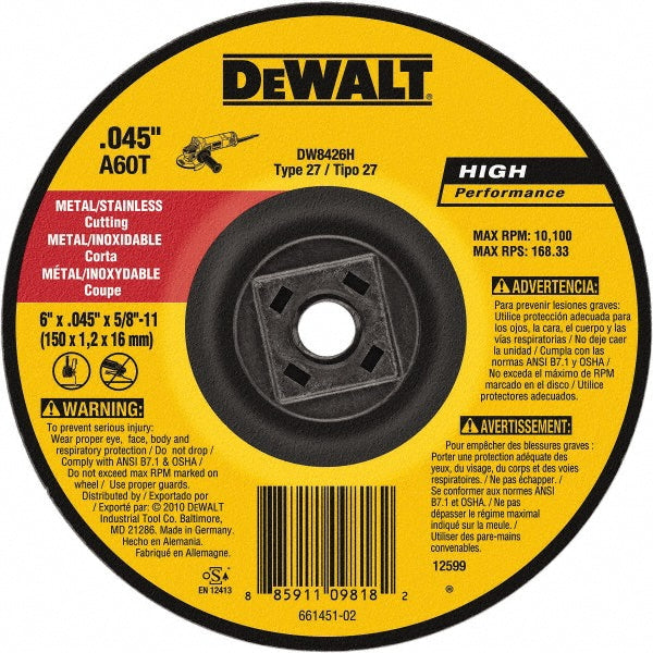 DeWALT DW8426H Depressed Center Wheel Type 27, 6" Dia, 0.045" Thick, Aluminum Oxide