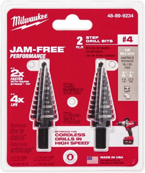 Milwaukee Tool 48-89-9234 Step Drill Bits 3/16" to 7/8" Hole Dia, High Speed Steel, 10 Hole Sizes