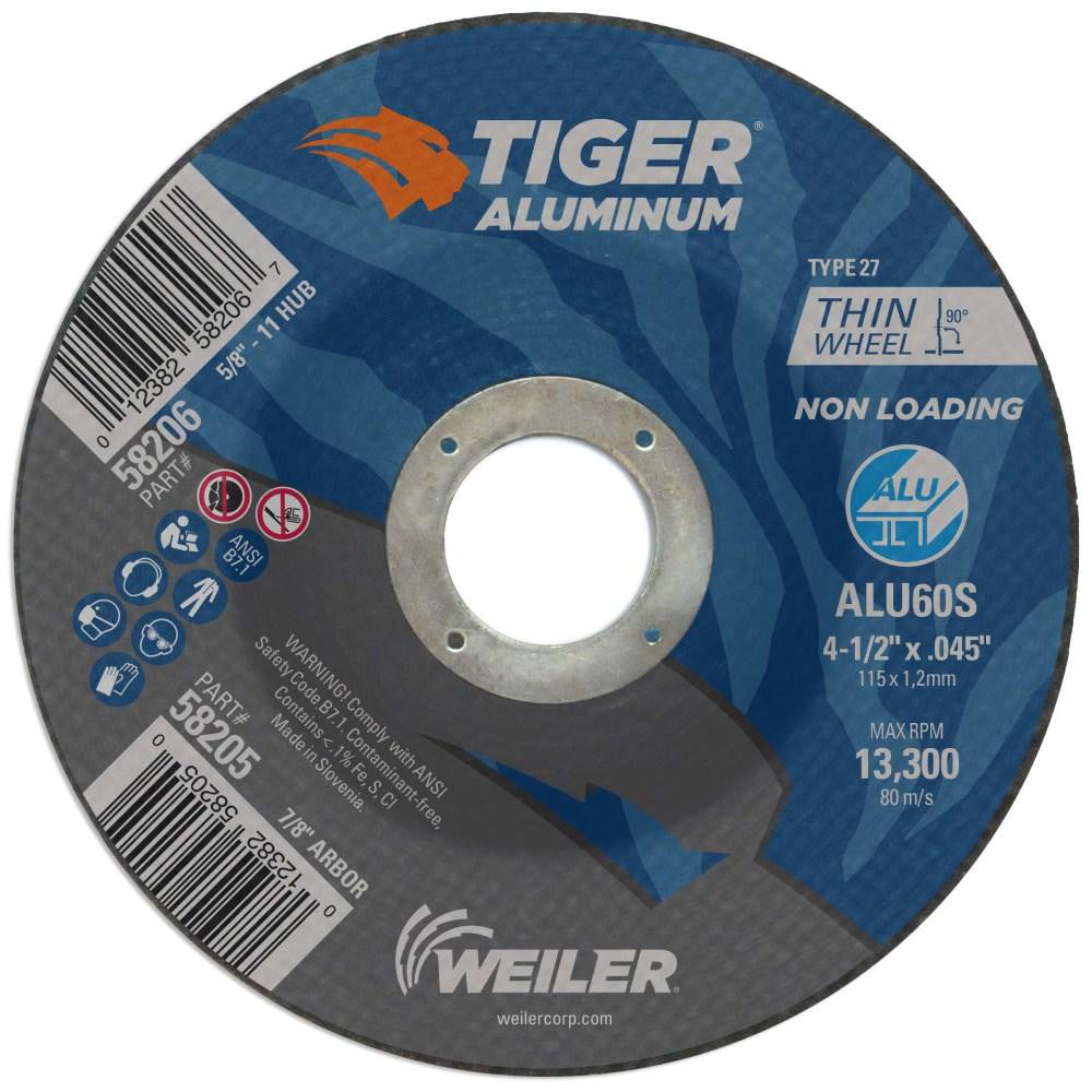 Weiler 58205 Depressed-Center Wheel Type 27, 4-1/2" Dia, 0.0450" Thick, 7/8" Hole, Aluminum Oxide
