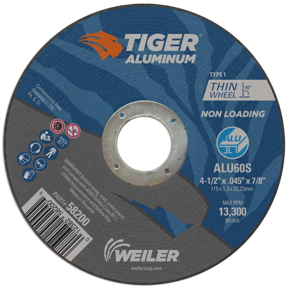 Weiler 58200 Cutoff Wheel Type 1 (01/41), 4-1/2" Dia, 0.0450" Thick, 7/8" Hole, Aluminum Oxide