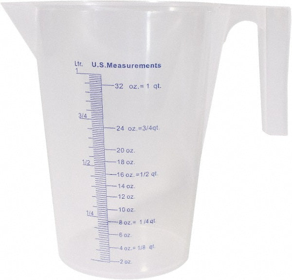 Funnel King 94130 Beakers & Pipettes Type Measuring Cup Volume Capacity Range 1,000 mL and Larger Material Family Plastic Material Polypropylene Handle Included Yes Overall Length 6.75 in Labware Transparency Translucent Graduations Yes Volume Capacity (Qt