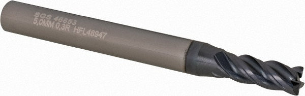 Kyocera SGS Precision Tools 46853 Corner Radius End Mill 5 mm Dia, 13 mm LOC, 0.3 mm Radius, 4 Flutes, Solid Carbide