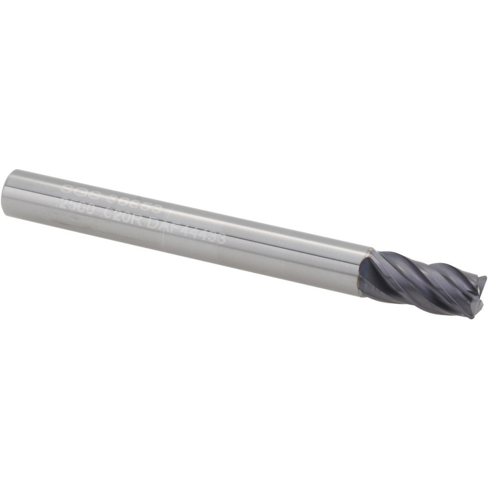 Kyocera SGS Precision Tools 36853 Corner Radius End Mill 1/4" Dia, 1/2" LOC, 0.0200" Radius, 4 Flute, Solid Carbide