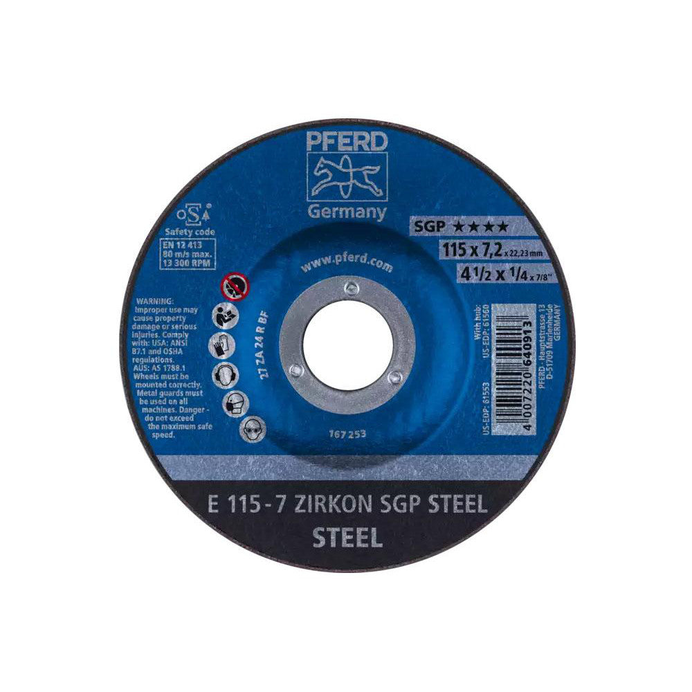 PFERD 62211737 Depressed Grinding Wheel Type 27, 4-1/2" Dia, 1/4" Thick, 7/8" Hole, Zirconia Alumina