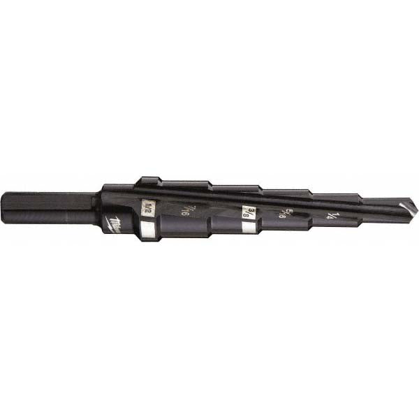 Milwaukee Tool 48-89-9202 Step Drill Bits 3/16" to 1/2" Hole Dia, 1/4" Shank Dia, High Speed Steel, 6 Hole Sizes