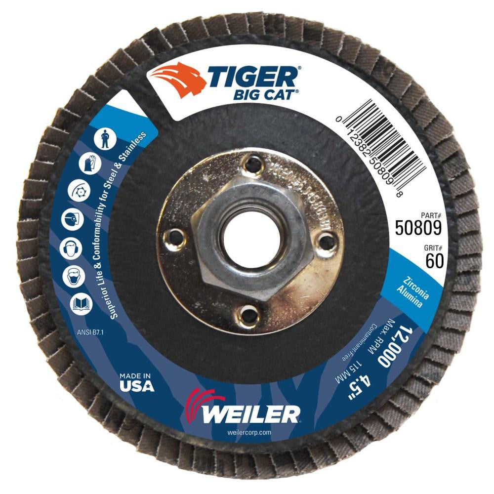 Weiler 50809 Flap Disc 4-1/2" Dia, 60 Grit, Zirconia Alumina, Type 27