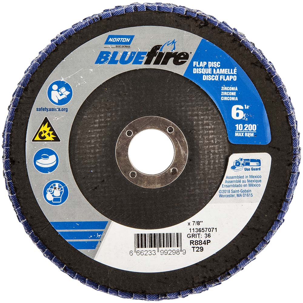 Norton 66623399298 Flap Disc 7/8" Hole, 36 Grit, Zirconia Alumina, Type 29