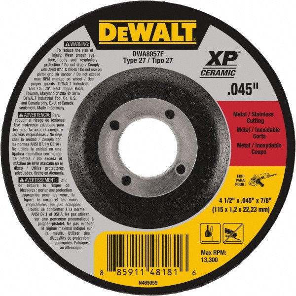 DeWALT DWA8957F Depressed Grinding Wheel Type 27, 4-1/2" Dia, 7/8" Hole, Ceramic