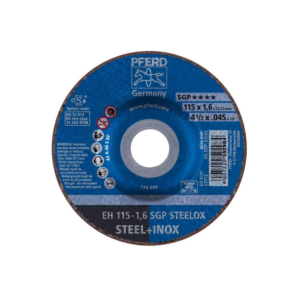 PFERD 69120773 Depressed-Center Wheel Type 27 & Type 42, 4-1/2" Dia, 0.0450" Thick, 7/8" Hole, Aluminum Oxide