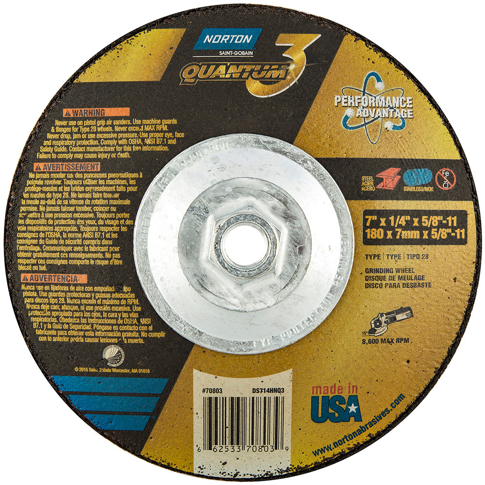 Norton 66253370803 Depressed Center Wheel Type 28, 7" Dia, 1/4" Thick, Ceramic