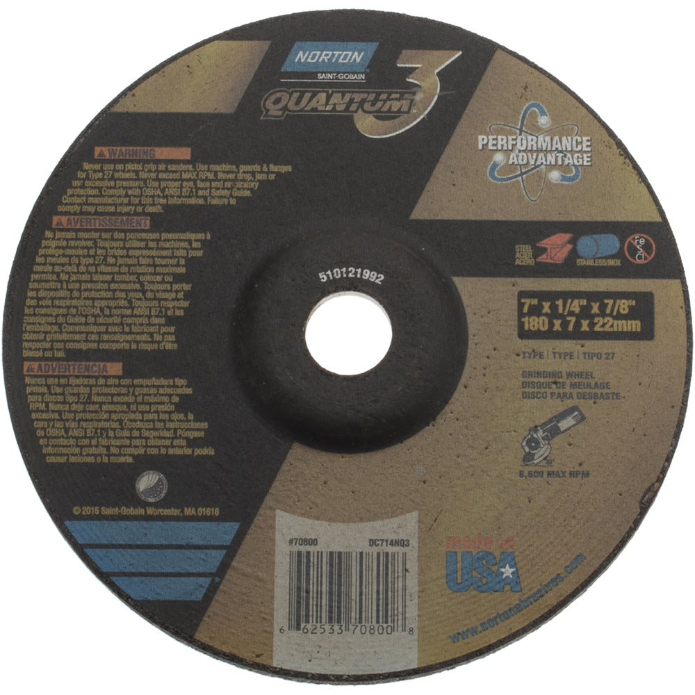 Norton 66253370800 Depressed Center Wheel Type 27, 7" Dia, 1/4" Thick, Ceramic