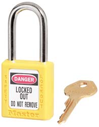 Master Lock 410KAS3YLW Lockout Padlock Keyed Alike, Key Retaining, Thermoplastic, Plated Metal Shackle, Yellow