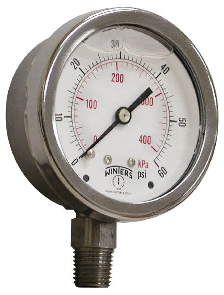 Winters PFP825 Pressure Gauge 2-1/2" Dial, 1/4" Thread, Lower Mount
