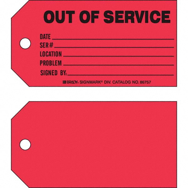 Brady 86757 Safety Tag Rectangle, 3" High, 5-3/4" Wide, Paper, "OUT OF SERVICE"