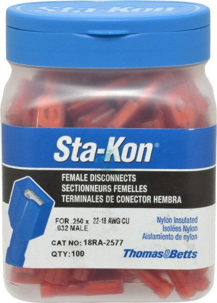 Thomas & Betts 18RA-2577C Wire Disconnect Female, Red, Nylon, 22-18 AWG, 1/4" Tab Width
