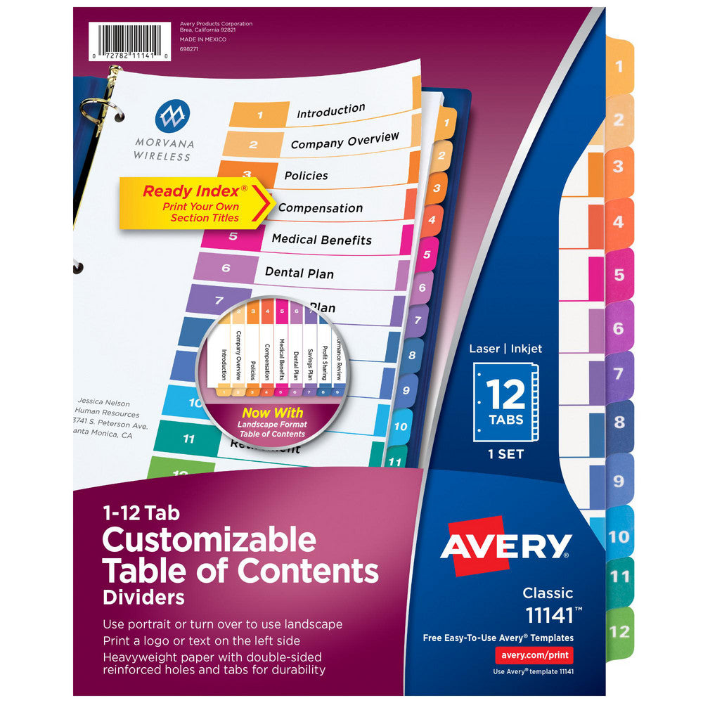 AVERY 11141 11 x 8 1/2" 1 to 12" Label, 10 Tabs, 3-Hole Punched, Preprinted Divider