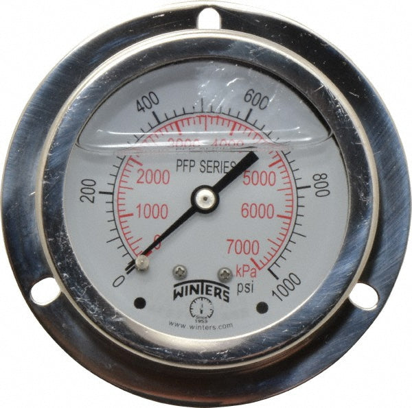 Winters PFP929-25FF-SG. Pressure Gauge 2-1/2" Dial, 0 to 1,000 psi, 1/4" Thread, NPT, Back Mount