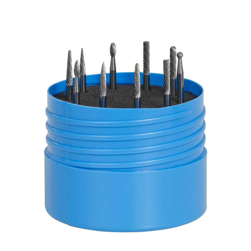 Kyocera SGS Precision Tools 18263 10 Pc Double Cut Burr Set with Ball, Cone, Cone w/Rad End, Cylinder, Cylinder Ball End, Cylinder w/Endcut, Flame, Oval, Tree, Tree w/Rad End
