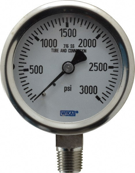 Wika 9768610 Pressure Gauge 2-1/2" Dial, 0 to 3,000 psi, 1/4" Thread, NPT, Lower Mount