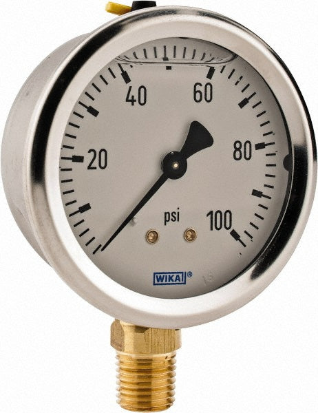 Wika 9767061 Pressure Gauge 2-1/2" Dial, 0 to 100 psi, 1/4" Thread, NPT, Lower Mount