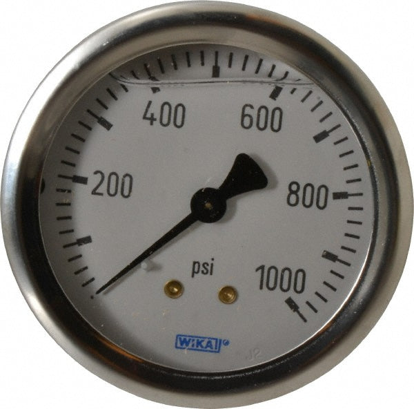 Wika 9767258 Pressure Gauge 2-1/2" Dial, 0 to 1,000 psi, 1/4" Thread, NPT, Center Back Mount
