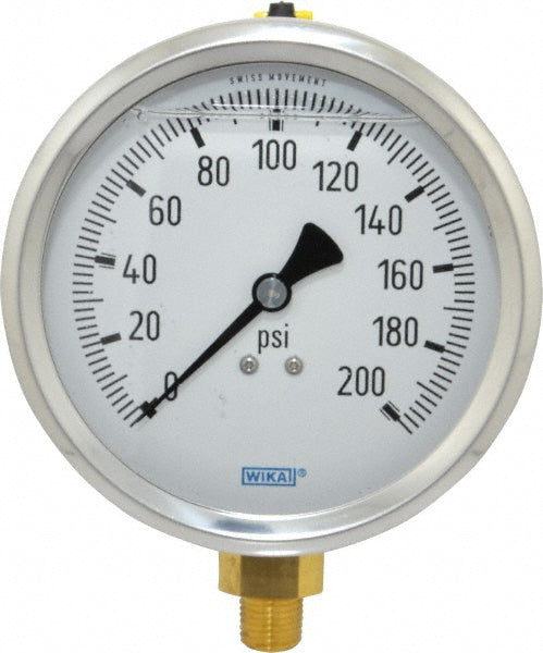 Wika 9699134 Pressure Gauge 4" Dial, 0 to 200 psi, 1/4" Thread, NPT, Lower Mount