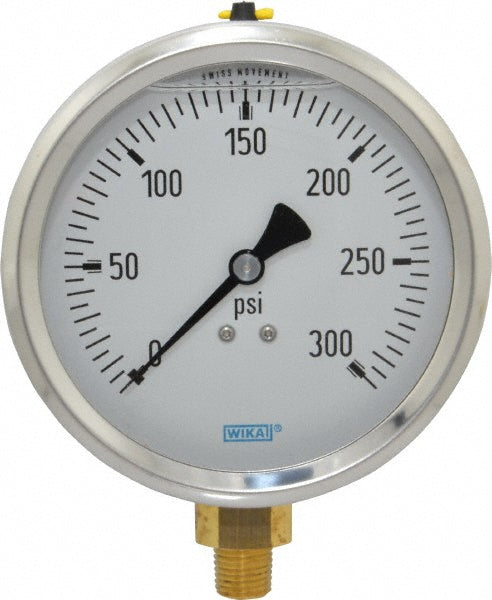 Wika 9699142 Pressure Gauge 4" Dial, 0 to 300 psi, 1/4" Thread, NPT, Lower Mount