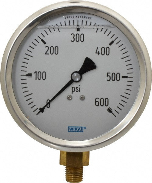 Wika 9699168 Pressure Gauge 4" Dial, 0 to 600 psi, 1/4" Thread, NPT, Lower Mount