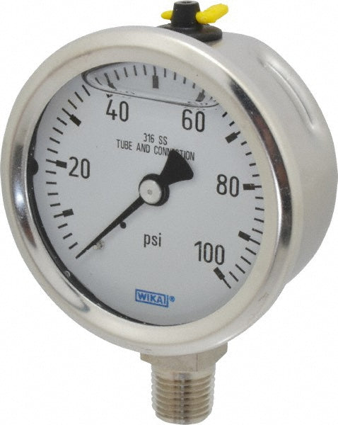 Wika 9833574 Pressure Gauge 2-1/2" Dial, 0 to 100 psi, 1/4" Thread, NPT, Lower Mount