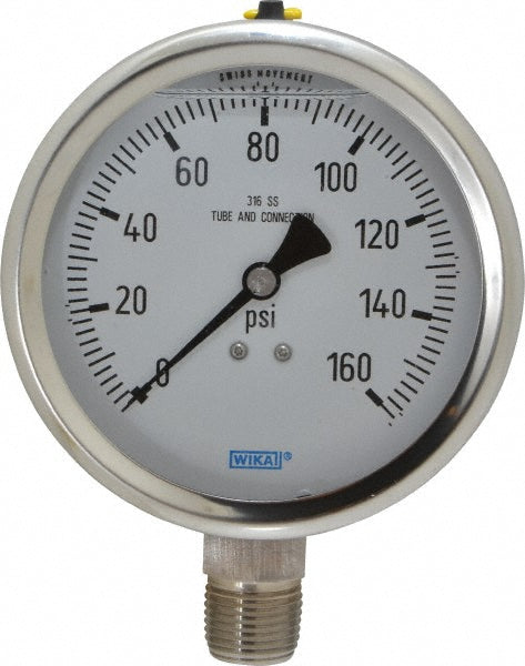 Wika 9833425 Pressure Gauge 4" Dial, 0 to 160 psi, 1/2" Thread, NPT, Lower Mount