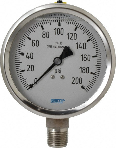 Wika 9833434 Pressure Gauge 4" Dial, 0 to 200 psi, 1/2" Thread, NPT, Lower Mount