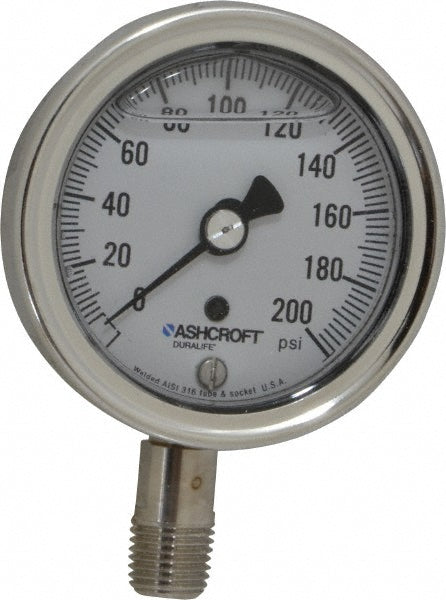 Ashcroft 94478 Pressure Gauge 2-1/2" Dial, 0 to 200 psi, 1/4" Thread, NPT, Lower Mount