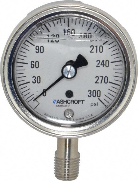 Ashcroft 94479 Pressure Gauge 2-1/2" Dial, 0 to 300 psi, 1/4" Thread, NPT, Lower Mount
