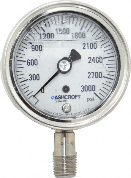 Ashcroft 94215 Pressure Gauge 2-1/2" Dial, 0 to 3,000 psi, 1/4" Thread, NPT, Lower Mount