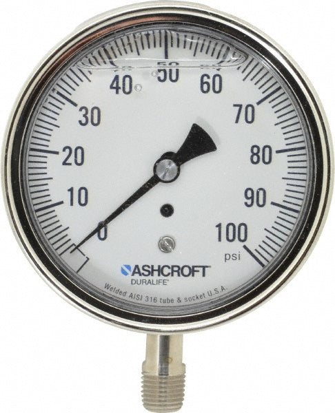 Ashcroft 94486 Pressure Gauge 3-1/2" Dial, 0 to 100 psi, 1/4" Thread, NPT, Lower Mount