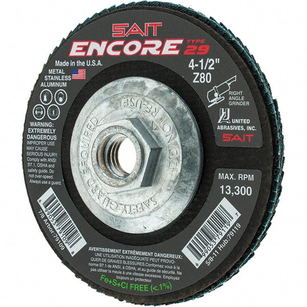 Sait 79119 Flap Disc 4-1/2" Dia, 80 Grit, Zirconia Alumina, Type 29